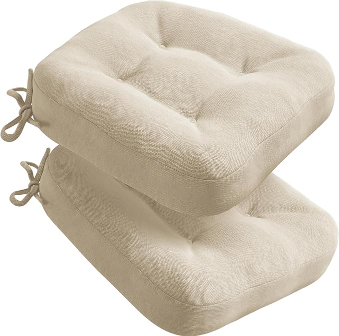Codi Dining Chair Cushions 2 Pack, Thick Chairs Pads for Indoor Kitchen Room - Washable, Non-Slip Memory Foam Seat Cushion with Ties, 16.5"x16.5"x 3.5", Set of 2, Beige New