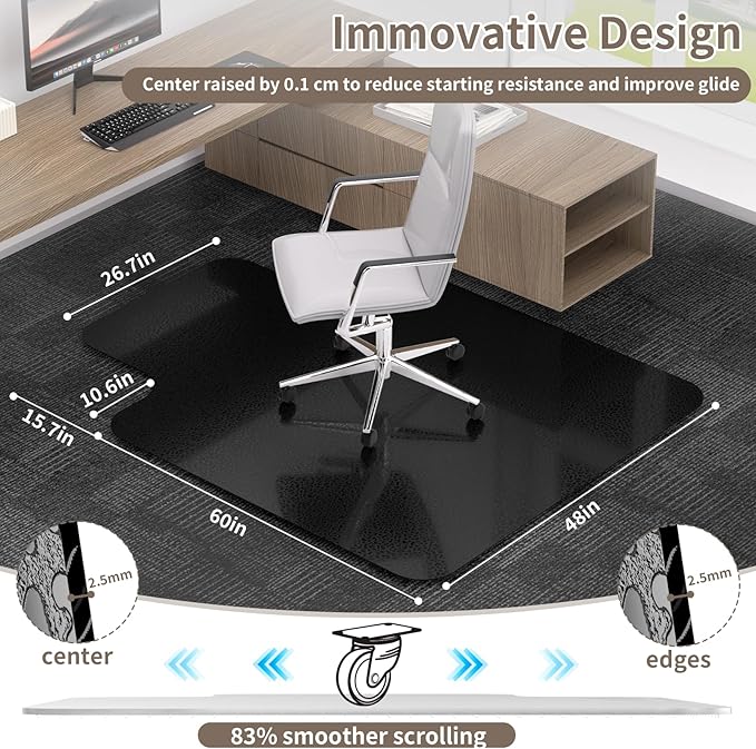 Office Chair Mat for Low Pile Carpeted Floors with Lip, 48" x 60" Plastic Floor mat for Desk Chair on Carpet,Easy Glide Carpet Protector Mat for Computer Chairs,Rolling Chairs,Home,Office (48*60 inch)