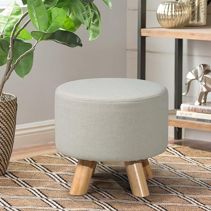 Homebeez Round Ottoman Foot Rest Stool, Small Fabric Footstool with Non-Skid Wood Legs, Beige