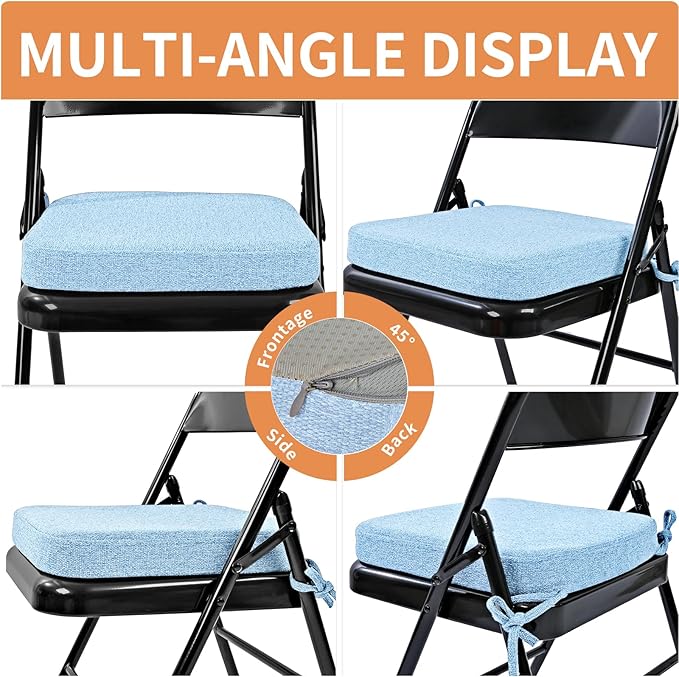 SINOSSO Memory Foam Chair Cushion for Folding Chair 1 Pcs, Thickened 2" Square Kitchen Chair Pad with Ties, Indoor Non-Slip Dining Chair Seat Cushion (1 Piece, Water Blue)