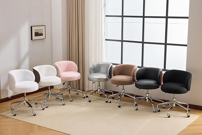 VINGLI Cute Small Swivel Desk Chair Comfy with Wheels,Ergonomic Low-Back Lumbar Support Vanity Nail Tech Rolling Task Stool Chair for Home Office,Height Adjustable,PU Leather White&Suede Khaki
