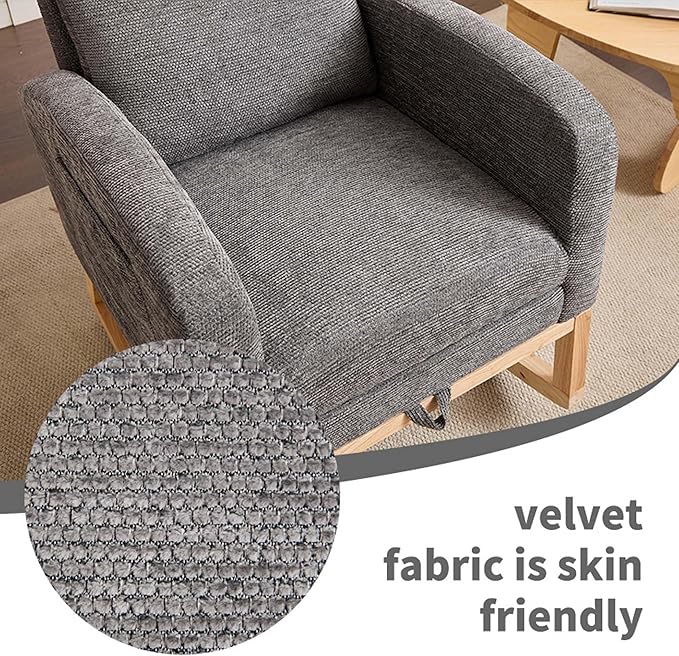 40" Fabric Nursing Rocking Chair, Nursery Chairs with Adjustable Foot Rest, High Backrest Upholstered Arm Chair with Side Pockets, Wood Rocking Chair for Living Room, Bedroom, Baby Room (Dark Gray)