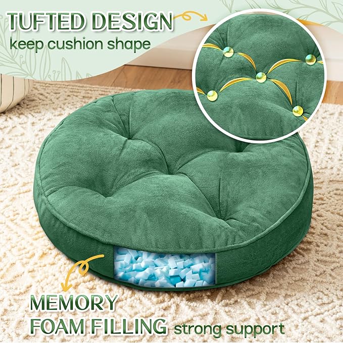 1 MIDDLE ONE Floor Pillow Set of 2, Memory Foam Meditation Cushion, Floor Cushions for Adults Sitting, Large Round Seat Cushions for Yoga, Living Room, 20x20 Inch (Round | Green)