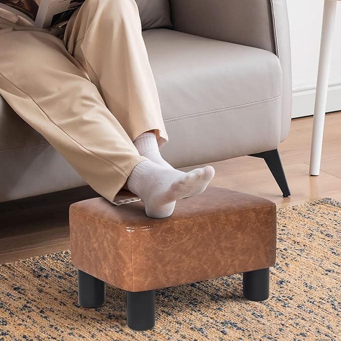 Joveco Small Footstool Ottoman PU Leather Footrest Modern Rectangular Foot Stool with Non-Skid Legs Pets Step Stool for Couch Dog Living Room Bedroom (Light Brown)