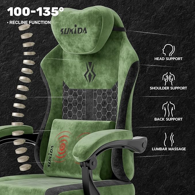 SUKIDA Fabric Video Gaming Chair, Ergonomic High-Back Computer Game Chairs with Large Massage Adjustable Lumbar Support, Headrest and Linked Armrests for Long Hours Sitting Task Chair, Green