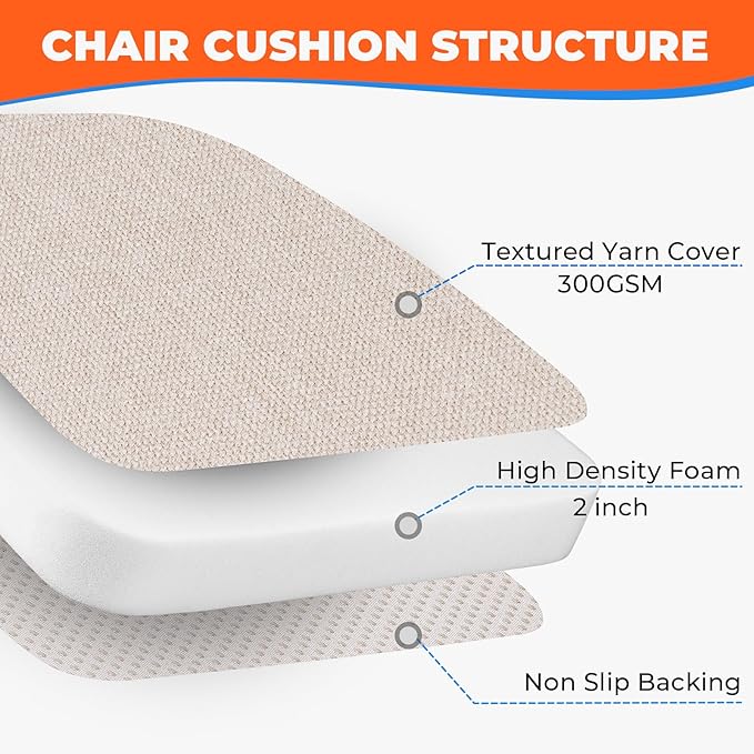 Sunsleek Chair Cushions for Dining Chairs, D-Shaped Seat Cushions with Removable Washable Cover and Ties, Chair Pads for Kitchen, Indoor Dining Room, Patio Chairs, 17'' x 16'', Set of 6, Beige