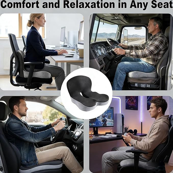 Orthopedic Cushion for Car Chair Wheelchair Sitting Sciatica, Memory Foam Seat Cushion with Lumbar Support Pillow, Instant Relieve Pressure on Back, Hips, Tailbone, Improves Sitting Posture (1, Black)
