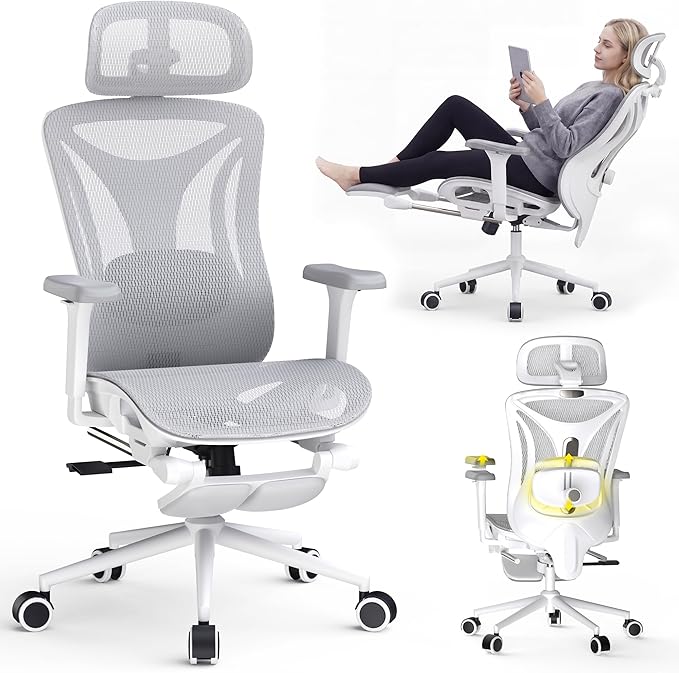 CYKOV Ergonomic Office Chair with Footrest - Adjustable Lumbar Support & Headrest, 90-160° Reclining Mesh Back Computer Chair - Home Office/Gaming, 350lbs Capacity (W-Grey, Mesh)