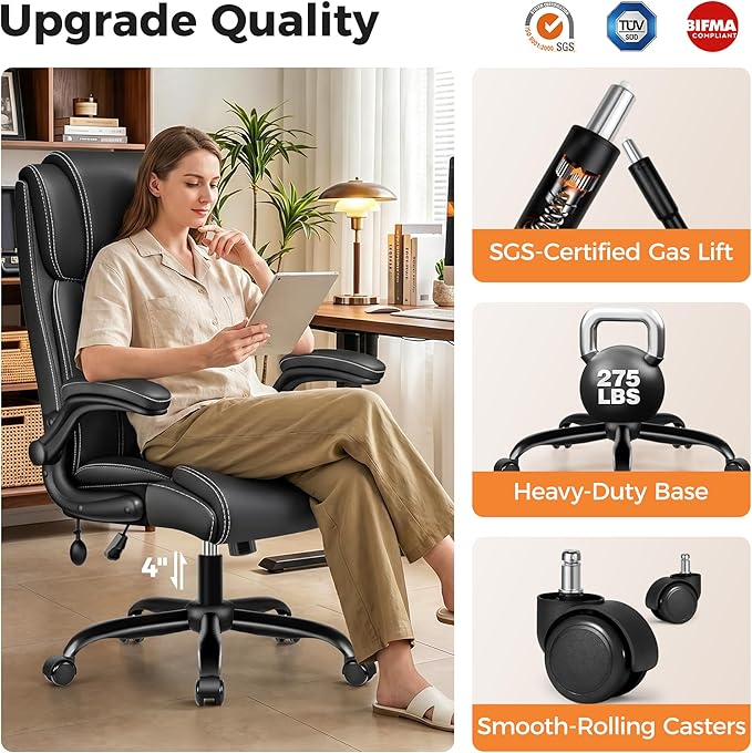 Ergonomic Office Chair, High Back Computer Desk Chair, Executive Leather Chair with Adjustable Lumbar Support & Flip Up Arms, Swivel PC Chair for Home Office Gaming