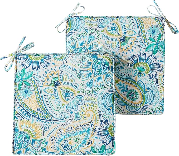 Outdoor 18 inch Square Patio Dining Chair Pads – Comfortable Fiber-Filled Seat Cushions with Ties, Reversible Polyester Fabric - Baltic Paisley, Set of 2