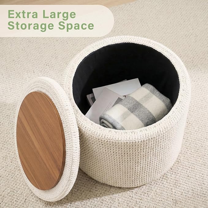 Wimarsbon Pouf Ottoman, 100% Cotton Knitted Boho Footstool, Round Footrest with Non-Skid Wood Legs, Home Décor Handmade Pouffe, Leisure Floor Step Stool for Living Room (18inch White Storage Ottoman)