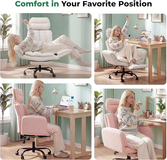 HOMRELEXA Criss Cross Office Chair with Armrests & Wheels, Comfy Velvet Vanity Chair, Ergonomic Executive Gaming Computer Chairs with Foot Rest, Wide Seat Reclining Desk Chair, Pink