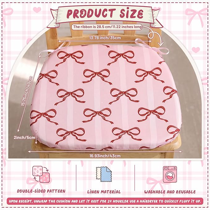 6 Pack Pink Bow Chair Cushions for Dining Chairs 17" x 16" x 2" D-Shaped Breathable Linen Kitchen Chair Pads with Ties Washable Non Slip Seat Cushion for Dining Kitchen Office Indoor