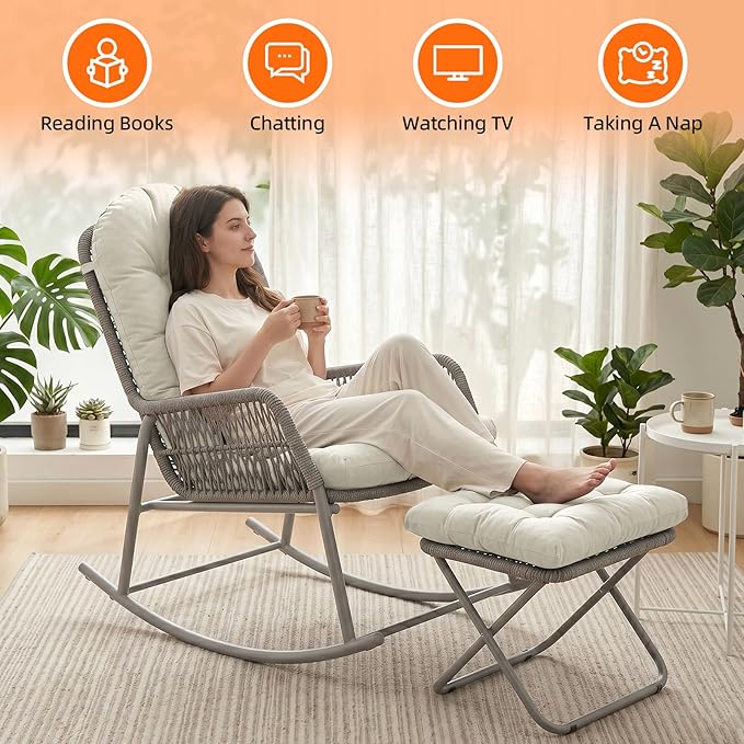 Rocking Chair Cushion Set - Soft Chenille 2-Piece Seat & Ottoman Pad, Tufted Non-Slip Design, High-Density Foam Nursery Glider Cushions, All-Season Indoor/Outdoor Rocker Comfort, Oyster White
