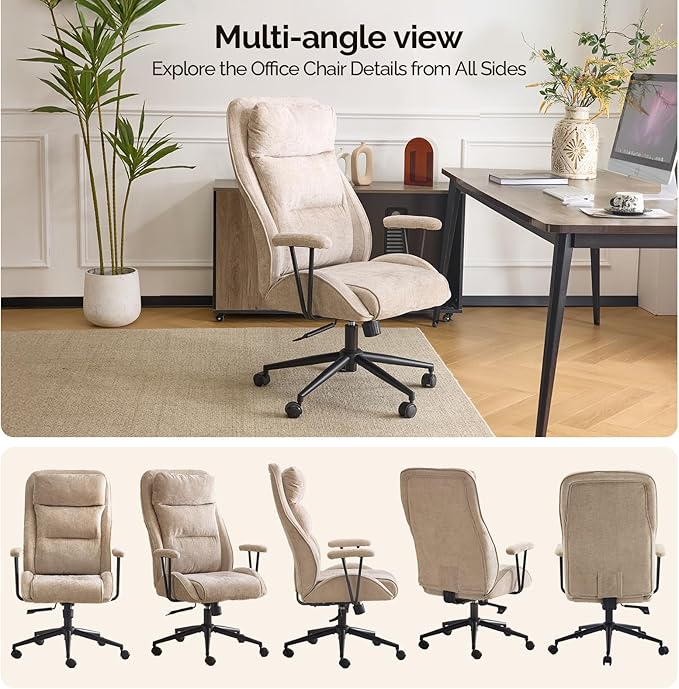 VINGLI Chenille Executive Ergonomic Fabric Office Chair with 100-130° Recline, High-Back Desk Chair with Adjustable Base & Padded Back & Wheels, Comfy Chair for Gaming,Computer,Home Office,Light Khaki