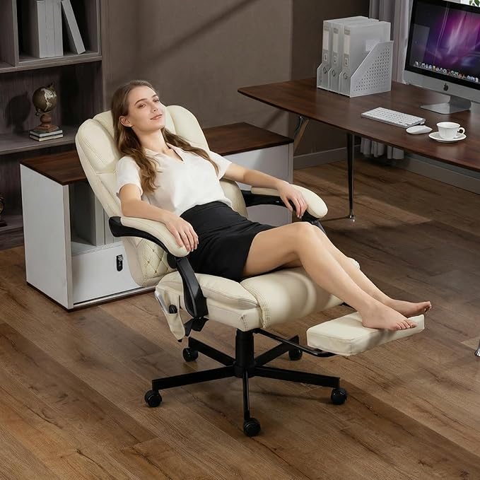 Massage Office Chair with Foot Rest, 6 Points Vibration Heating Executive Chairs Ergonomic Home Office Desk Chair with Reclining Backrest, Adjustable Arms and Lumbar Support-Beige