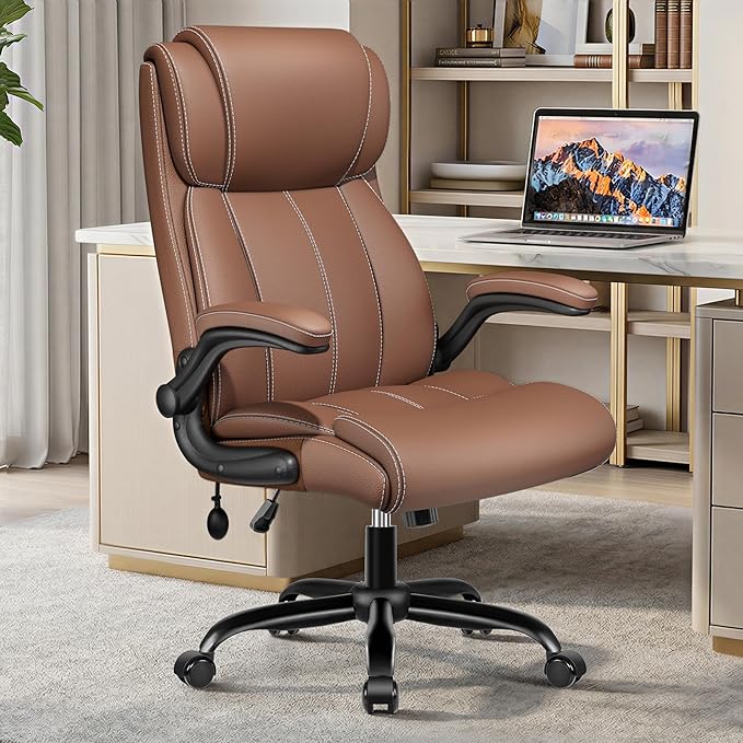 Ergonomic Office Chair – High Back Leather Desk Chair with Adjustable Lumbar Support & Flip-Up Arms, Premium Padded Seat for Home Office Desk, Brown