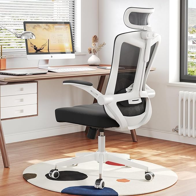 350 LBS Ergonomic Office Computer Mesh Chair - Adjustable Height Rolling Desk Chair with Flip-Up Armrests & High Back Support - Comfortable Swivel Task Chair for Home Office (03WHITE-Black)