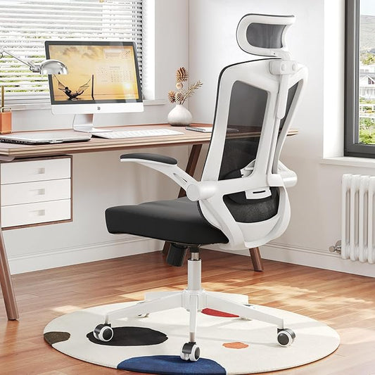 350 LBS Ergonomic Office Computer Mesh Chair - Adjustable Height Rolling Desk Chair with Flip-Up Armrests & High Back Support - Comfortable Swivel Task Chair for Home Office (03WHITE-Black)