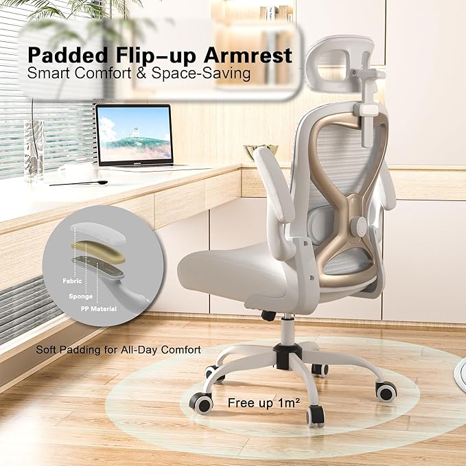 Ergonomic Office Chair for Back & Neck Pain Relief, Virgin Foam Seat, 2D Adjustable Lumbar & 3D Headrest, Tilt & Rock for Relaxation, Ideal for Long Sitting Comfort, White/Gold