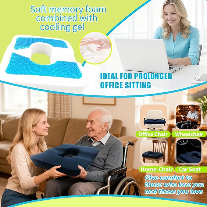 Gel & Memory Foam Wheelchair Seat Cushion,Donut Pillow for Tailbone Pain Relief,Bed Sore Cushions for Butt,Pressure Relief,Sciatica,Coccyx,hemorrhoid Pillow,Cushion for Office Chair & Desk(Blue
