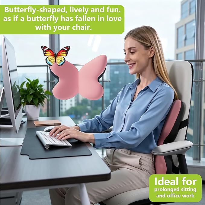 Ergonomic Back Cushion for Lower Pain Relief, Momery Foam Back Pillow, Lumbar Support for Office Chair Back Support for Computer Chairs, Gaming,Home - Working,Removable & Washable Cover（Pink）