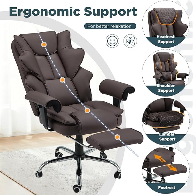 HOMREST Brown Ergonomic Office Chair with 6-Point Vibration Massage & Heat – Reclining Executive Chair with Adjustable Footrest and Armrests, PU Leather Big and Tall Home Office Desk Chair