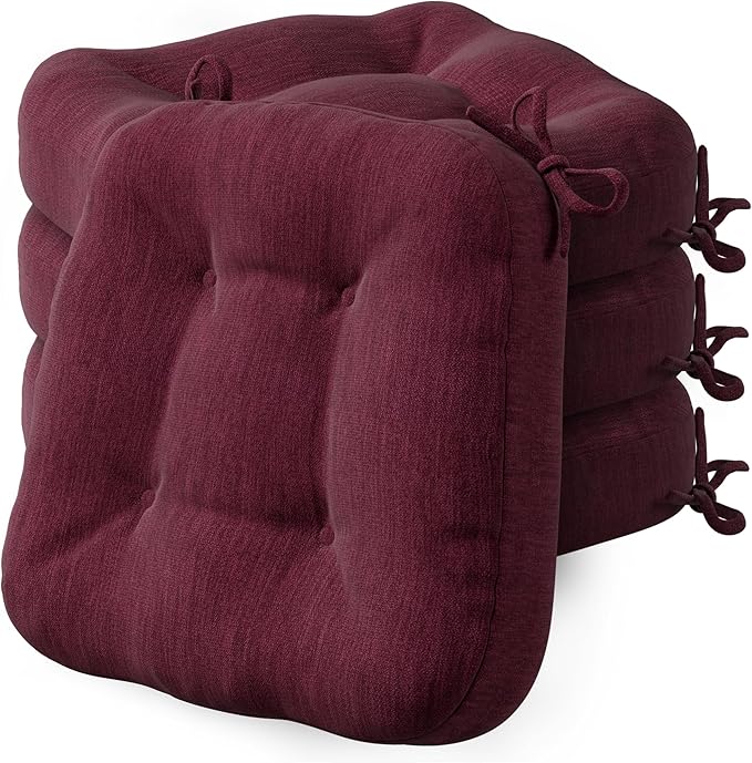 Codi Dining Chair Cushions 4 Pack, Thick Chairs Pads for Indoor Kitchen Room - Washable, Non-Slip Memory Foam Seat Cushion with Ties, 16.5"x16.5"x 3.5", Set of 4, Wine New
