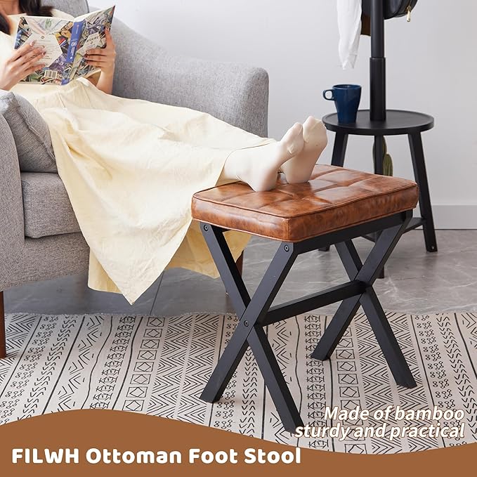 Foot Stool Small Ottoman Foot Rest Padded Foot Stool Desk for Under Office Desk Vanity Stool Bamboo Footstool Sofa Footrest Shoe Stool Small Foot Stools (Black Legs + Patterned Brown)