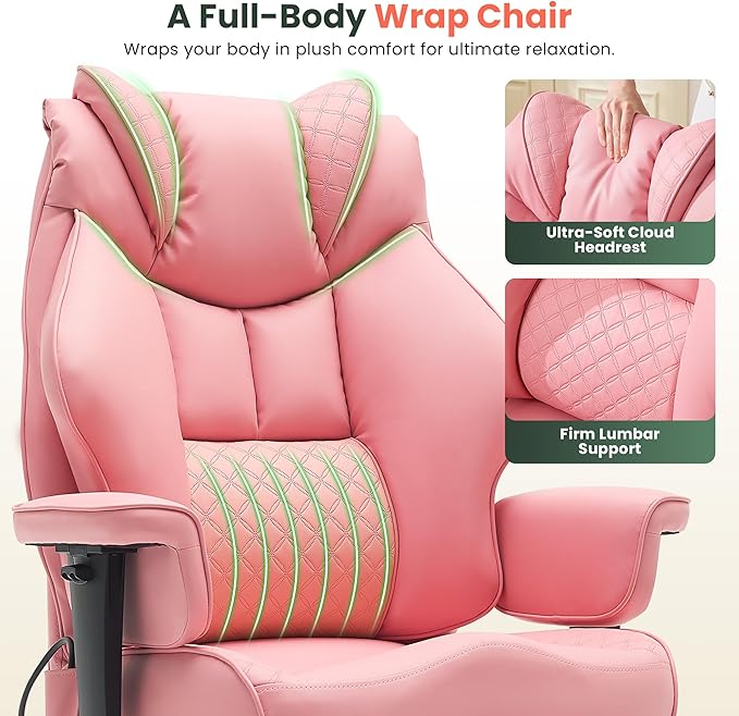 500lbs Big and Tall Office Chair Adjustable Lumbar Support, Extra Wide Seat Ergonomic Gaming Chair with Footrest, Heavy Duty High Back Executive Leather Computer Desk Chair (Pink)