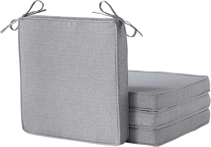 Outdoor 18 inch Square Patio Dining Chair Pads – Comfortable Fiber-Filled Seat Cushions with Ties, Reversible Polyester Fabric - Heather Gray, Set of 4