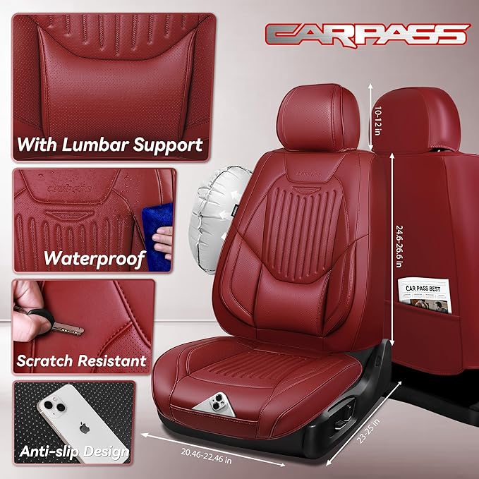 CAR PASS Luxury Nappa Leather Car Seat Covers Full Set, Lumbar Support Seat Covers for Car 5 Seats, Waterproof Car Seat Protector, Automotive Seat Covers Universal Fit for Sedans SUV Trucks Burgundy