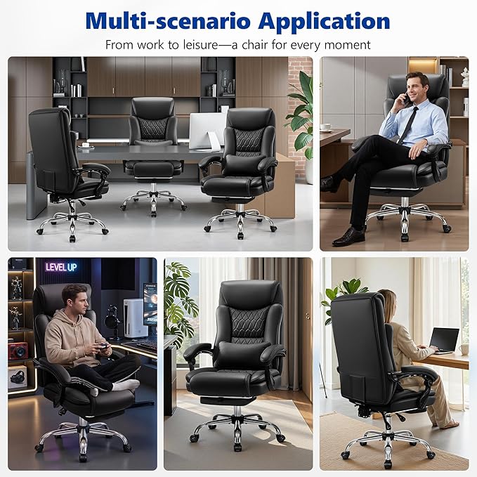 Big and Tall Office Chair 400lbs - Wide Memory Foam Seat with Spring Pack, Reclining Executive Desk Chair with Footrest, Ergonomic Heavy Duty High Back Computer Chair, Black