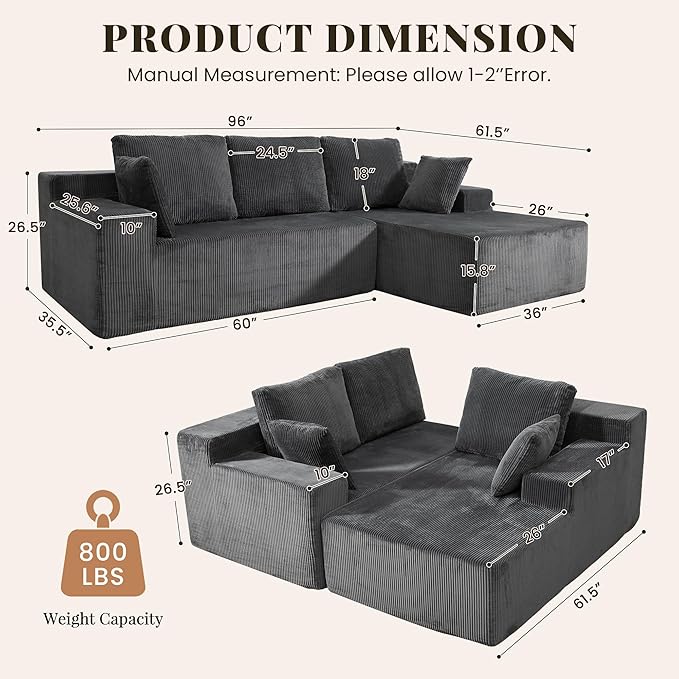 GRUSIGN Cloud Sectional Boneless Couches for Living Room, Modular L Shaped Couch with Deep Seat Oversized Right Facing Chaise, Memory Foam Compressed Spineless 3 Seater Sofa, Grey | No Assembly Required, Deep Seat, Cat-Claw Resistant, High-Resilience F...