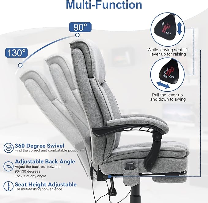 HOMREST Reclining Office Chair with 4-Point Massage, Breathable Fabric Executive Chair with Retractable Footrest, Ergonomic Computer Chair with High Back, Reclining Gaming Chair for Home, Light Grey