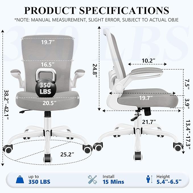 FelixKing Office Chair, Ergonomic Desk Chair Breathable Mesh Chairs Adjustable High Back Lumbar Support Flip-up Armrests, Executive Rolling Swivel Comfy Computer Chairs Home Office Gray