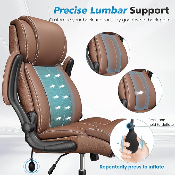Ergonomic Office Chair – High Back Leather Desk Chair with Adjustable Lumbar Support & Flip-Up Arms, Premium Padded Seat for Home Office Desk, Brown
