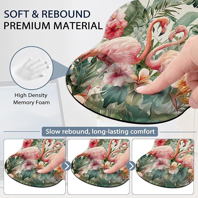 Flamingos Ergonomic Memory Foam Wrist Rest Set for Keyboard and Mouse,Palm Leaves Hibiscus Flowers Supportive Mouse Pad with Non Slip Base for Office Work and Gaming