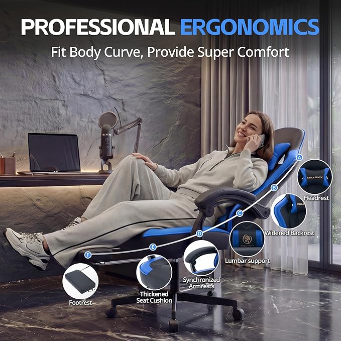 Desk Computer Gaming Chair - High Back Ergonomic Office Chair with Footrest and Lumbar Support, Swivel Comfy Home Gamer Video Game Chairs with Pocket Spring Cushion for Adults (Blue Leather)