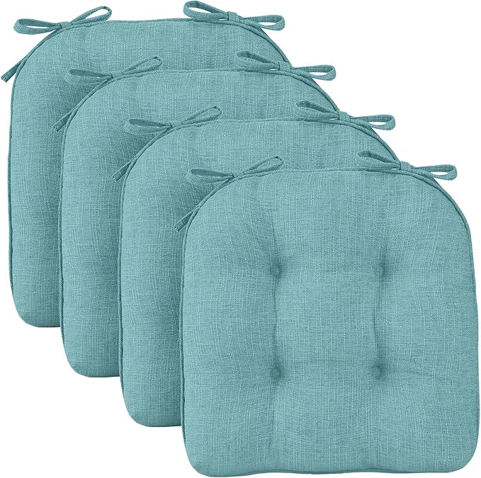 Wellsin Chair Cushions for Dining Chairs, Non-Slip Kitchen Chair Pads with Ties, Tufted Shredded Foam Kitchen Chair Cushions Set of 4, 15.5" X 15.5", Aqua Blue