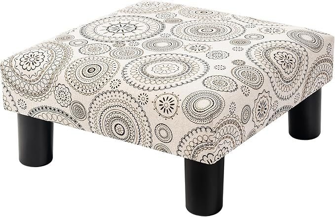 Joveco Small Foot Rest Stool Ottoman, Square Upholstered Fabric Footstool for Couch, Under Desk, Office, Living Room, Printing Beige