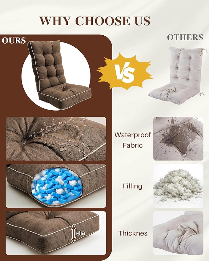Rocking Chair Cushions Indoor, 5-inch Thicken Seat Cushion with Memory Foam Non-Slip Tufted Chair Pads Set of Seat & Back Cushion for Outdoor Rocker Living Room, Dark Brown, 22x17x5/17x17x5