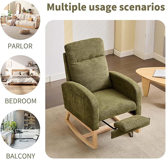 40" Fabric Nursing Rocking Chair, Nursery Chairs with Adjustable Foot Rest, High Backrest Upholstered Arm Chair with Side Pockets, Wood Rocking Chair for Living Room, Bedroom, Baby Room (Cyan)