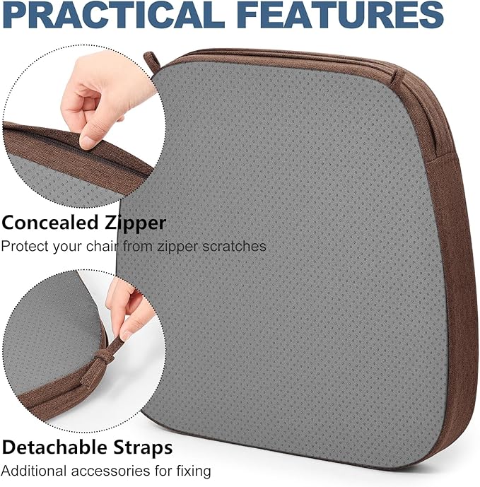Shinnwa Dining Chair Cushions Set of 6, Non-Slip Kitchen Chair Cushions with Detachable Straps and Machine Washable Cover, 6 Pack, 17x16x2in, Brown