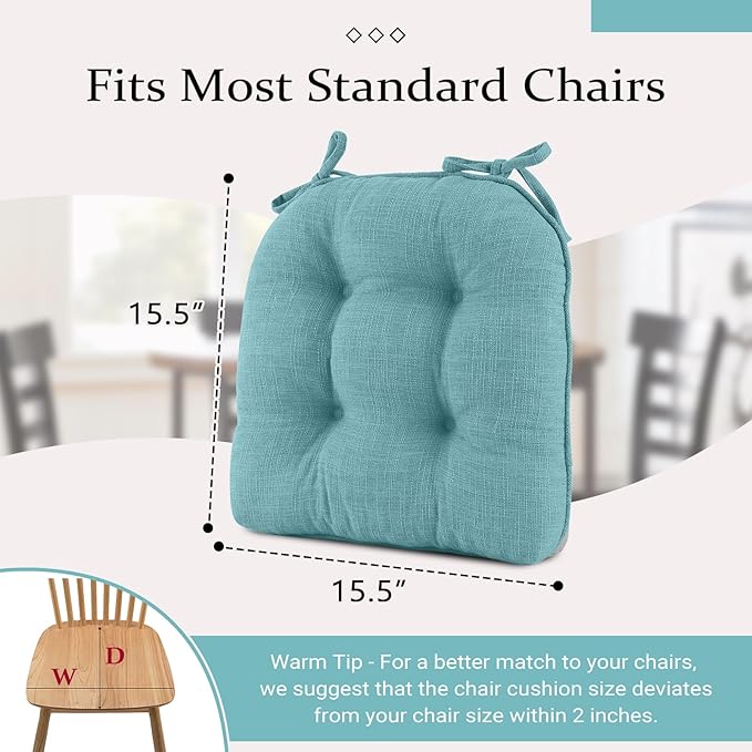 Wellsin Chair Cushions for Dining Chairs, Non-Slip Kitchen Chair Pads with Ties, Tufted Shredded Foam Kitchen Chair Cushions Set of 2, 15.5" X 15.5", Aqua Blue