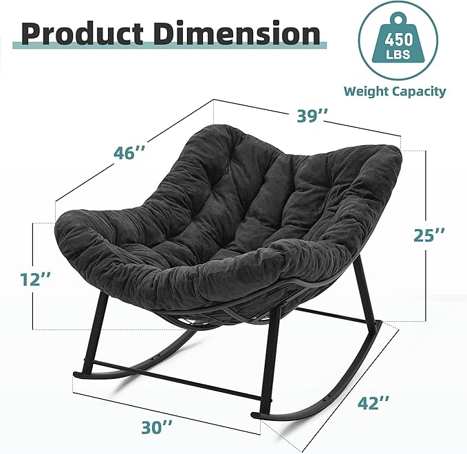 Oversized Rocking Chair Indoor, Papasan Rocking Chair Outdoor, Lounge Chair with Cushion, Patio Egg Rocker Chairs, Comfy Reading Chairs for Bedroom, Living Room, Garden, Lawn, Dark Grey