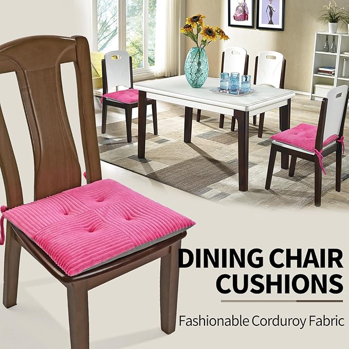 Office Stacking Chair Cushions 4 Pack, Corduroy High Density Foam Kitchen Seat Cushions with Ties, Square 17" x 17" Indoor Non-Slip Dining Chair Pads, Pink, 4pcs