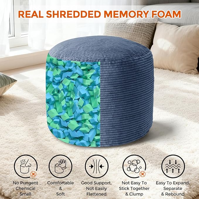 26" x 26" x 18" Pouf Ottoman Foot Rest, Pre-Stuffed Round Foot Stool with Odorless Shredded Memory Foam, Furry & Fluffy Corduroy Footrest for Living Room, Navy