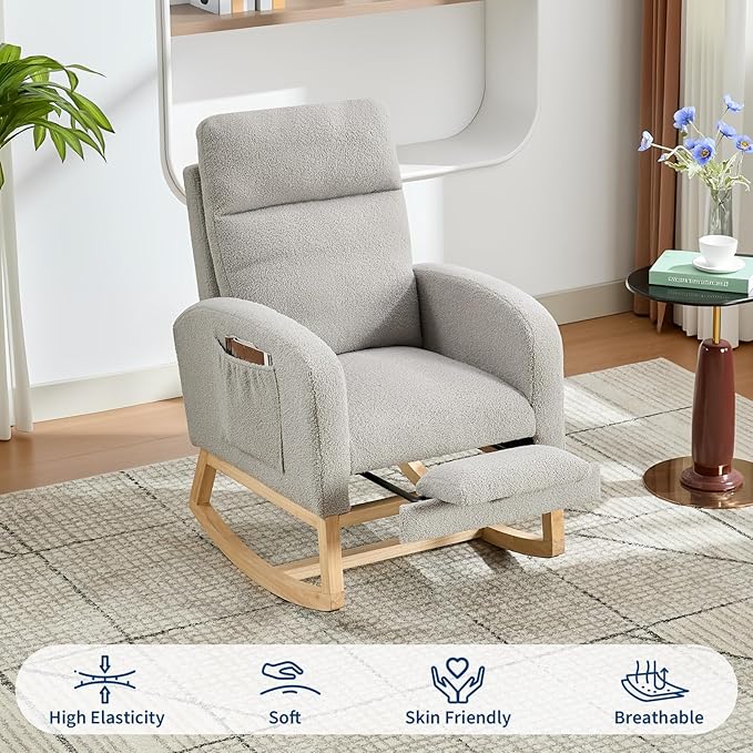 Rocking Chair Nursery, Nursing Rocking Chairs with Foot Rest for Mom Nursery,Rocker Glider Chair with High Backrest for Living Room, Bedroom, Upholstered Lounge Chair with Solid Wood Base for Relaxin