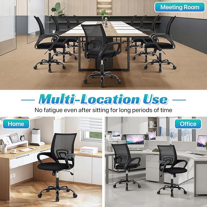 Ergonomic Office Chair Mesh Mid Back with Lumbar Support Armrest, Adjustable Home Desk Chair Comfy Computer Task Drafting Rolling Swivel Chairs for Gaming, Home Work, Study, Black